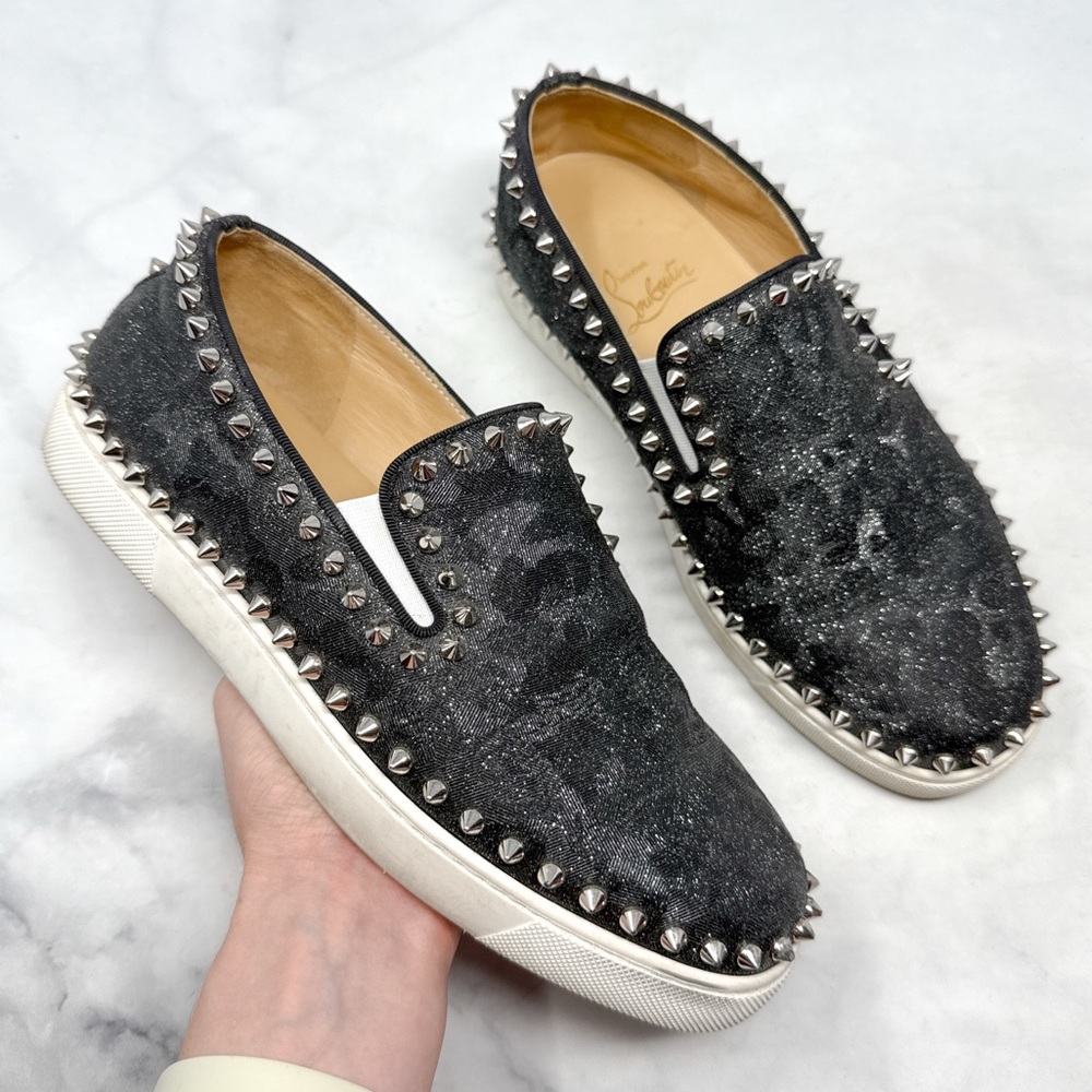 Christian Louboutin Pik Boat Studded Camo Leather Slip On Flat Sneaker Shoes 38